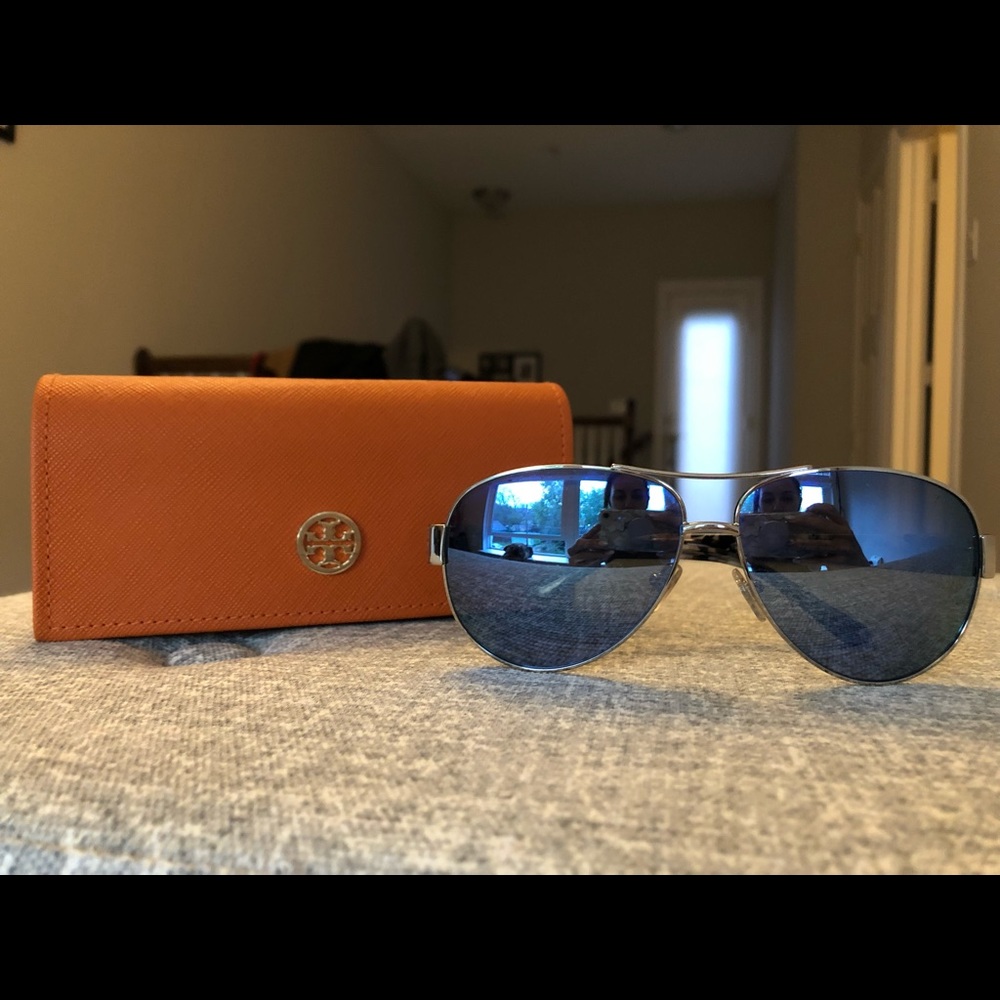 Tory Burch Blue Reflective Aviator Sunglasses